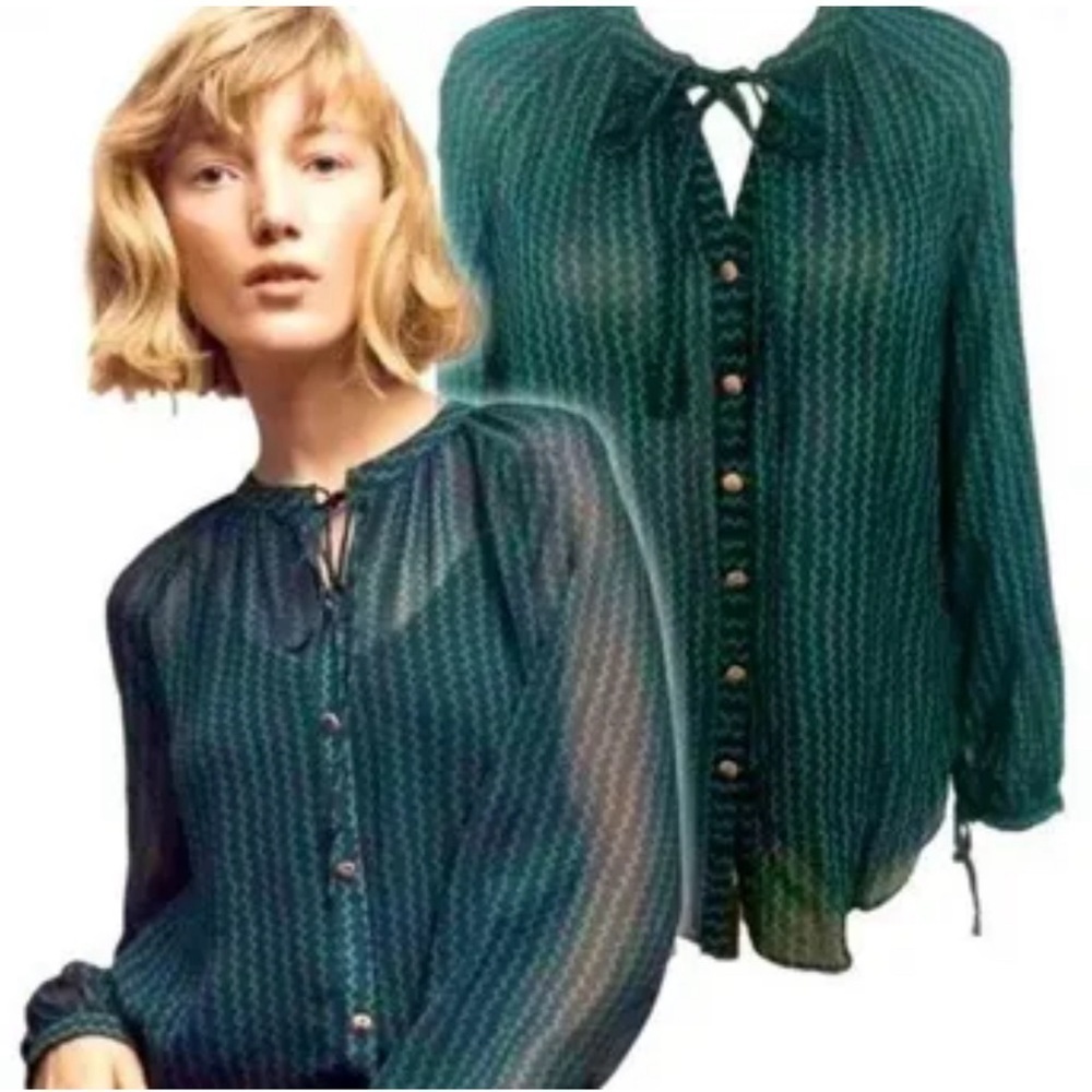 Anthropologie Maeve Mod Della Sheer‎ Long Sleeve Sheer Zig Zag Blouse